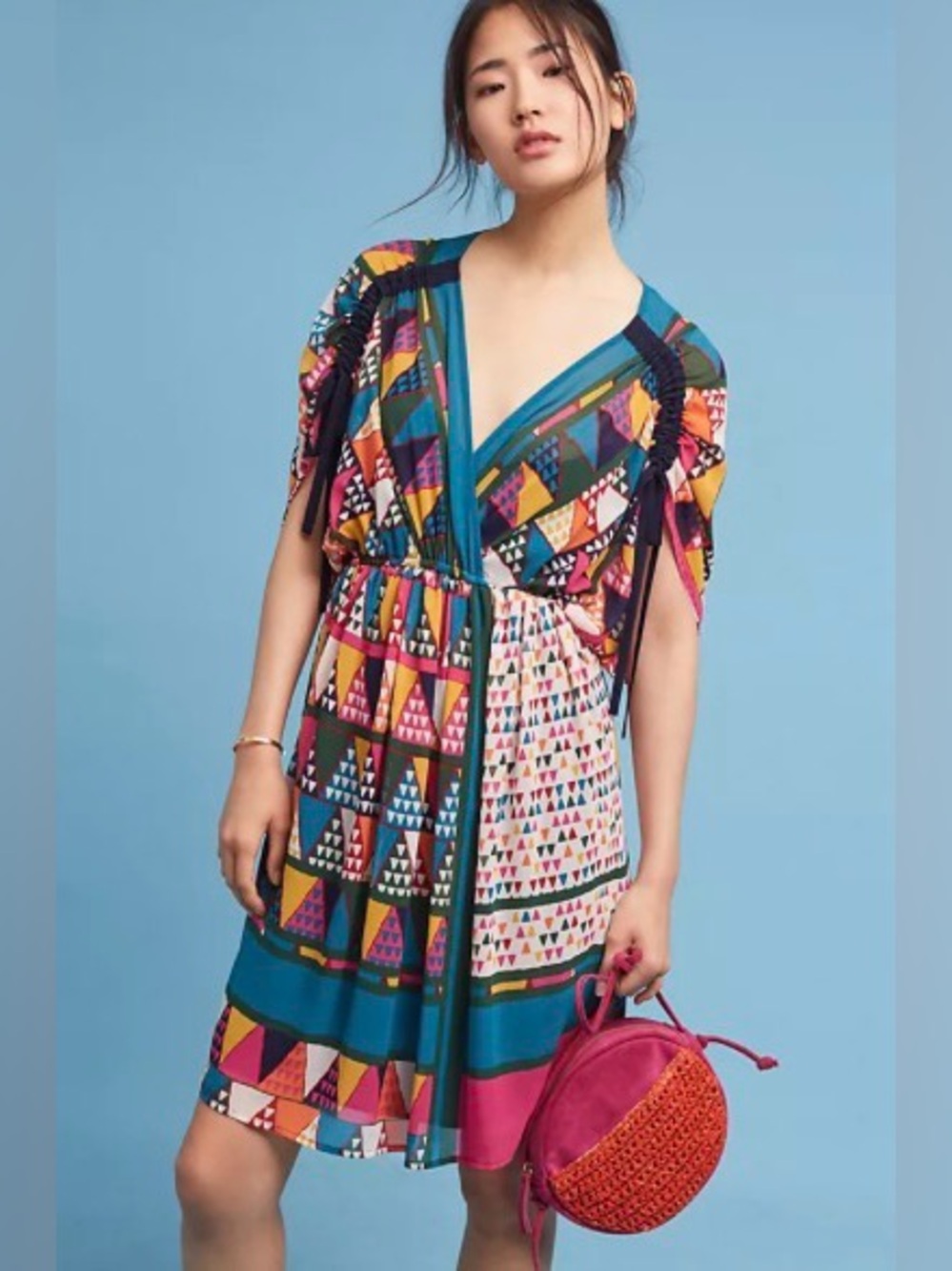 Anthropologie Mauve Patchwork Multicolor Geometric V-Neck Women’s Dress